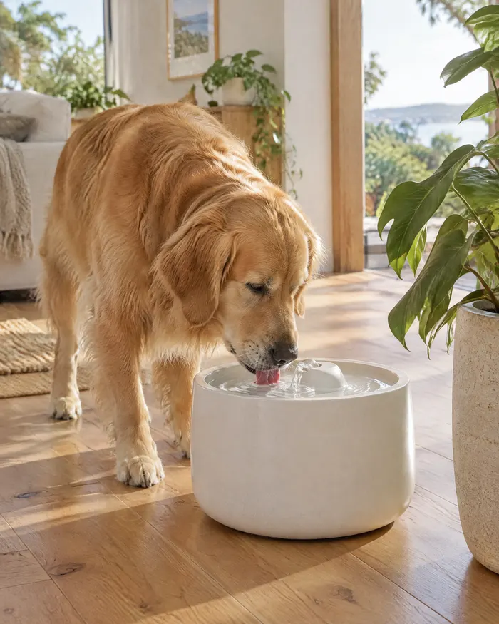A golden retriever drinking from a white water fountain in a bright living room