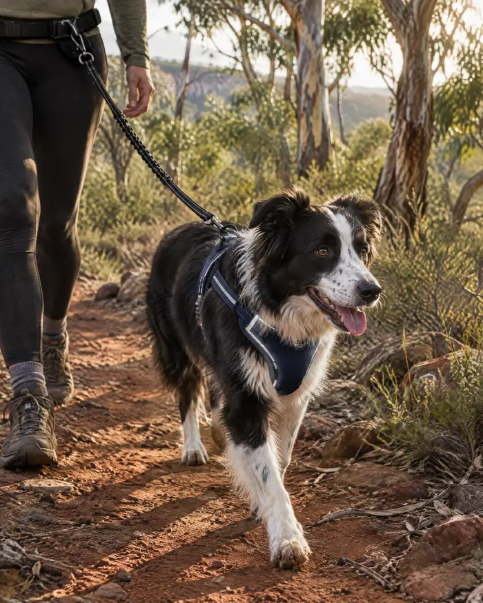 A border collie in a navy harness walking on a red-dirt bush trail under gum trees